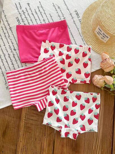 SHEIN 4件套可爱夏季百搭草莓图案条纹针织短裤，适合女宝宝