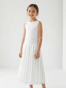 Maija Kids Maija Kids Tween Girl Solid Color Knit Soft Round Neck Sleeveless Cinched Waist Double-Layer Pleated Dress - White - View 1