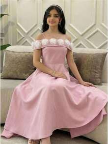 SHEIN Rochie elegantă și plină de farmec, stil prințesă, cu umeri goi, decor floral, talie înaltă, croită și evazată, pentru fete adolescente, roz - Roz - Vizualizare 1