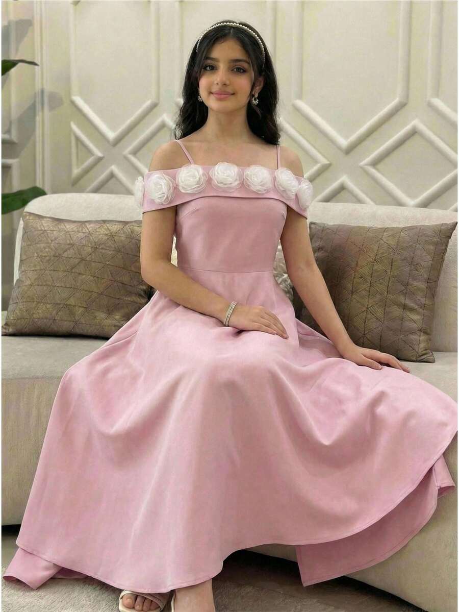 SHEIN Rochie elegantă și plină de farmec, stil prințesă, cu umeri goi, decor floral, talie înaltă, croită și evazată, pentru fete adolescente, roz - Roz - Vizualizare 1