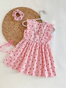 Baby GirlSweet Cute Pink & White Plaid Strawberry Print Woven Fabric Round Neck Drawstring Design Back Collar Open Water Drop Mushroom Button Decorative Cap Sleeve Knee-Length Dress Baby Girl Pink Summer Dress Strawberry Baby Dress Pink Strawberry Dress - Pink - View 2