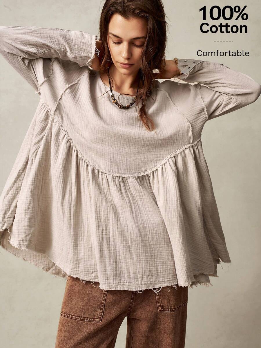 Bohemela Plus Size Woven Loose Fit Long Sleeve Shirt,Vintage - Apricot - View 1