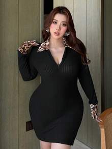 Dazy Plus Stretchy Bodycon Partially Open Front Zipper Splice Leopard Collar Mini Wrap Dress, Black, Spring/Summer Sundress - Black - View 4