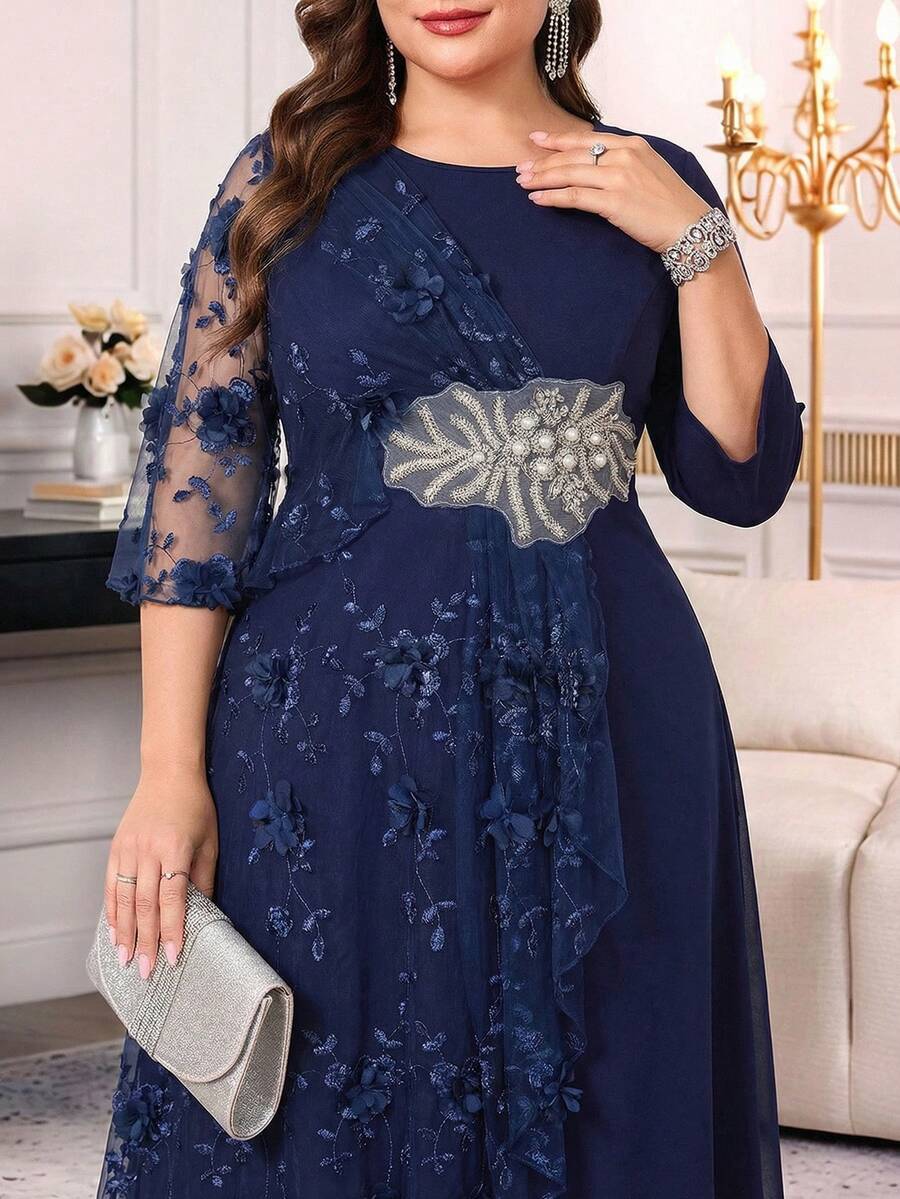 Reflora 大码优雅派对连衣裙，饰有3D立体花卉刺绣和网纱拼接 - 藍色 - 查看 1