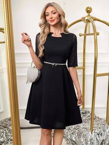 SHEIN Clasi Vestido mini elegante de mujer con parches de malla de lámina de plata - Negro - Ver 6