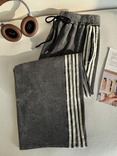 Comfortcana Plus-Size Black Straight-Leg Loose-Fitting Casual Pants, Washed Fabric