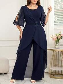 SHEIN Clasi Women's Plus Size Elegant Navy Blue Rhinestone Jumpsuit,Summer Wedding Guest Overlapping V-Neck Wide Leg Sequin Patchwork Formal Cocktail Outfits - Navy Blue - View 11