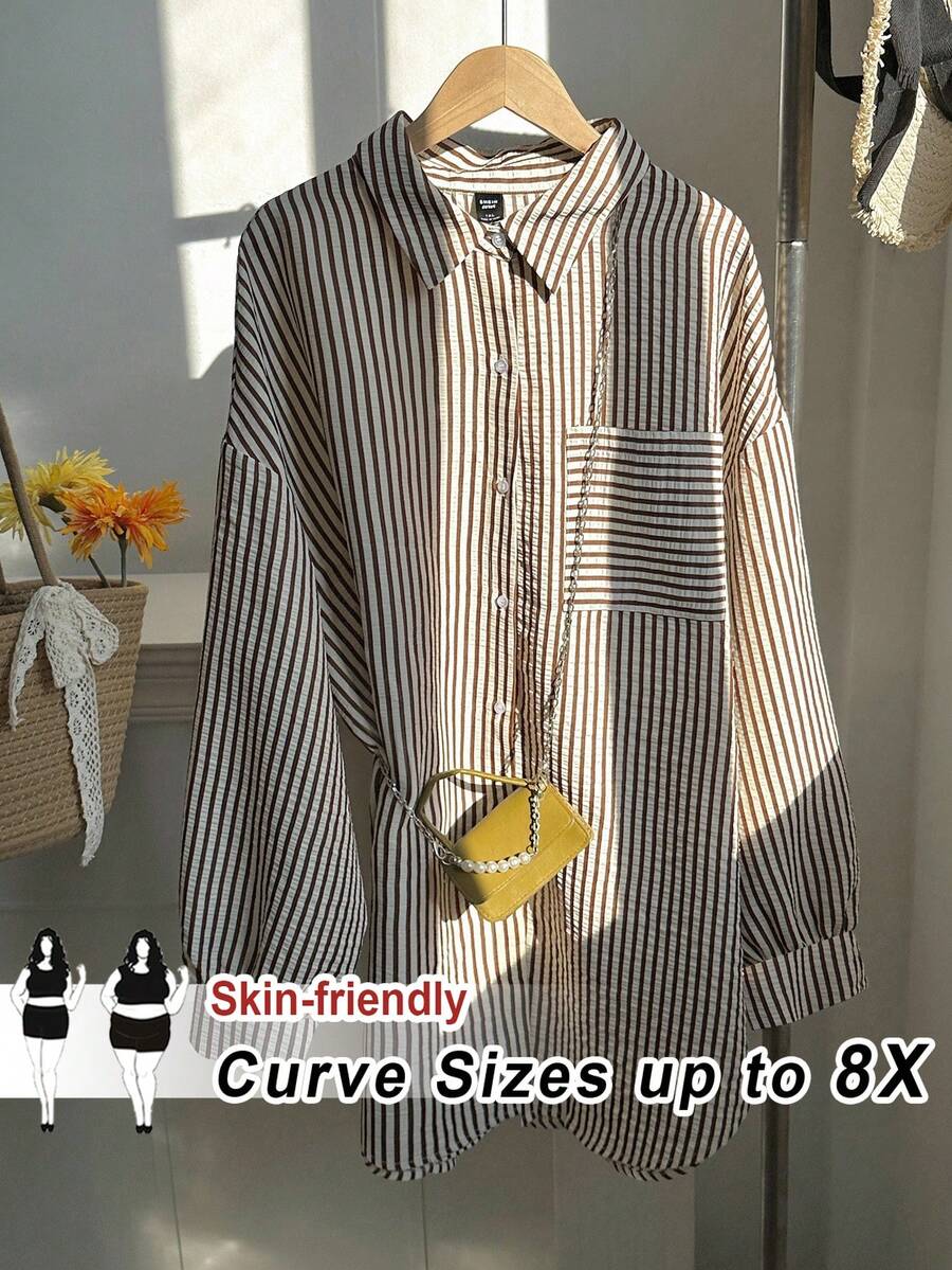 SHEIN CURVE+ Áo sơ mi nữ cỡ lớn in sọc, vai rớt, có túi và họa tiết thêu. - Nhiều màu - Xem 1