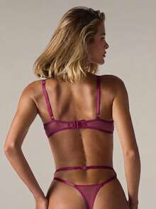 SHEIN BAE Women's Purple Sheer Babydoll Lingerie Set With Plant Pattern Lace And Spaghetti Straps Bra Set Bras For Women 3 Piece Set Sexy Bra Set 3 Piece Lingerie Set - Purple - View 2