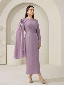 Veilorie New Design Ribbon & Rhinestone Decor Elegant Waist Cinched Party Dress - Dusty Purple - View 5