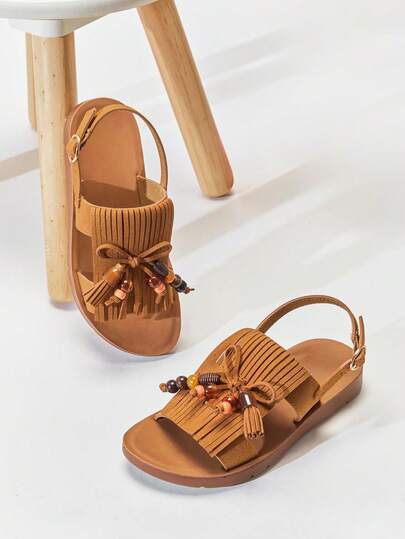 Mini mi #BohoCute Kids' Fringe Tassel Decor Slingback Premium Vegan Suede Tan Flat Sandals– Soft, Secure & Comfortable