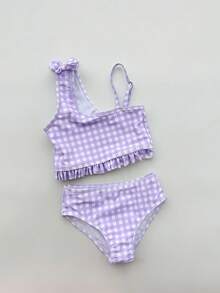 DAZY Bộ bikini kẻ caro cho bé gái, đồ bơi màu tím dễ thương cho bãi biển. - Màu tím - Xem 4