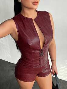 SHEIN SXY 时尚复古串珠装饰无袖拉链背心，皮质上衣，性感夜店上衣，棕色皮质上衣，铆钉上衣 - 酒紅色 - 查看 3