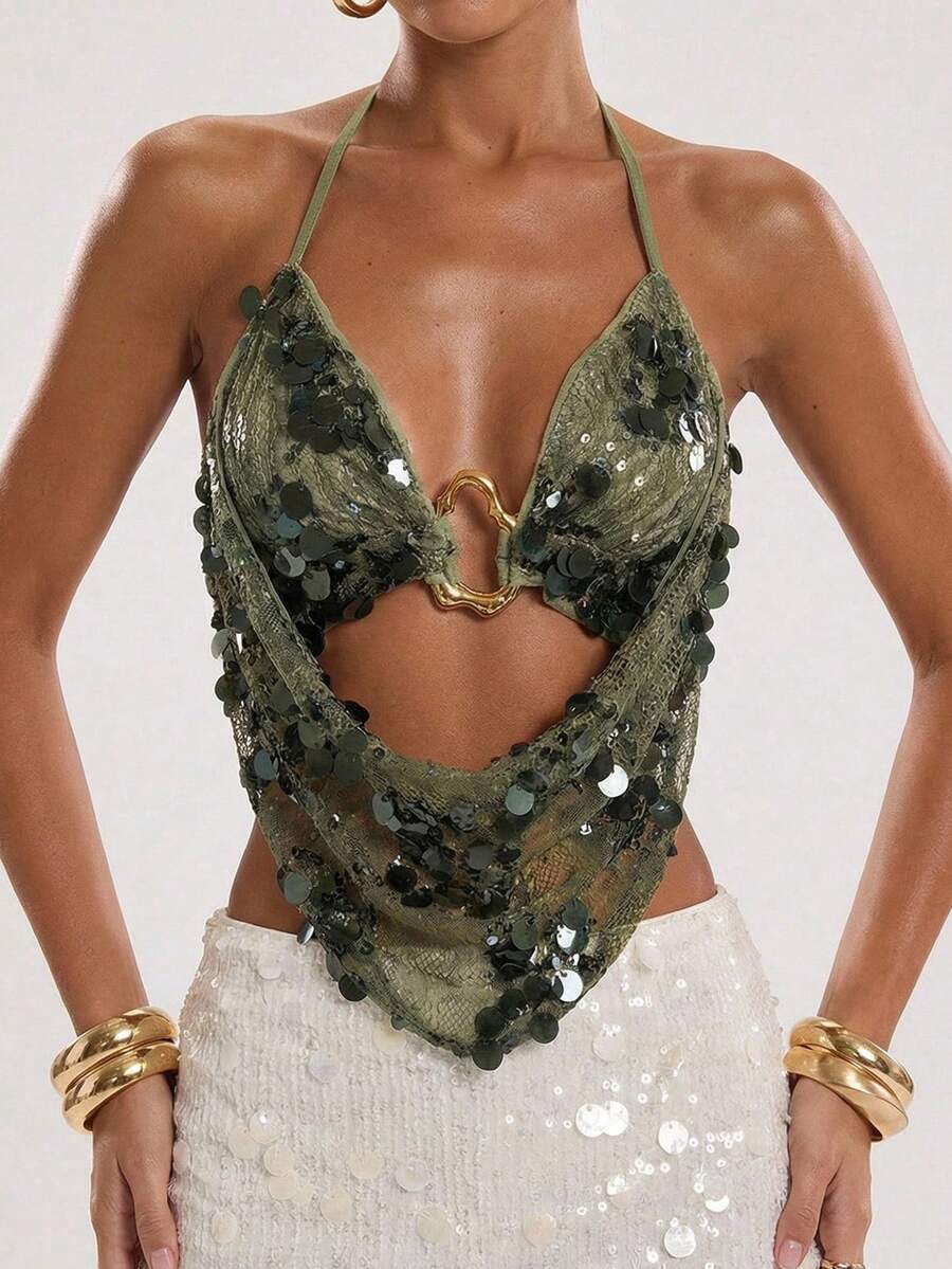 SHEIN BAE 女士沙滩度假蕾丝刺绣串珠露背吊带背心，蕾丝串珠露背吊带背心，适合度假，露背度假背心，时尚背心 - 綠色 - 查看 1