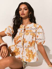 Poéselle Women's Vintage Floral Puff Sleeve Peplum Blouse With Lace Insets,Button-Front Cottagecore Top,Orange And White,Summer,Boho,Vacation,Holiday Resort - Multicolor - View 3