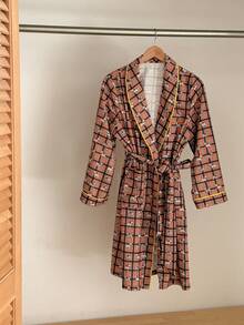DAZY Plaid Happy Dog Print Contrast Trim Shawl Neck Mid-Length Women Robe - Orange - View 6