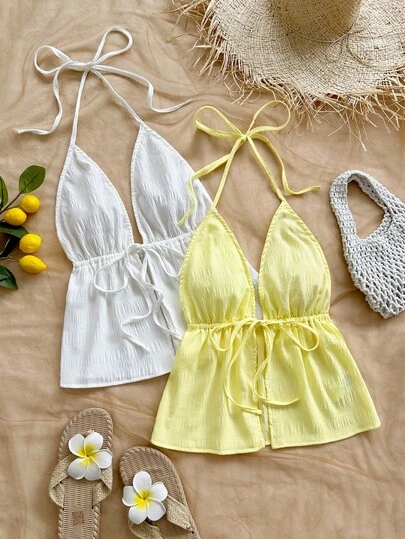 Soleia 2pcs Vacation Sexy Leopard Print Halter V-Neck Backless Tie Strap Textured Fabric Red Camisole, Suitable For Holiday, Date, Afternoon Tea, Vacation, Music Festival, Boho