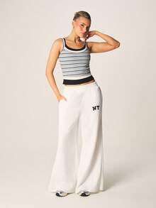 MISSGUIDED Graphic Wide Leg Sweatpants For Casual Loungewear With Letter Print And Elastic Waistband Comfort Pants - Cream - View 5
