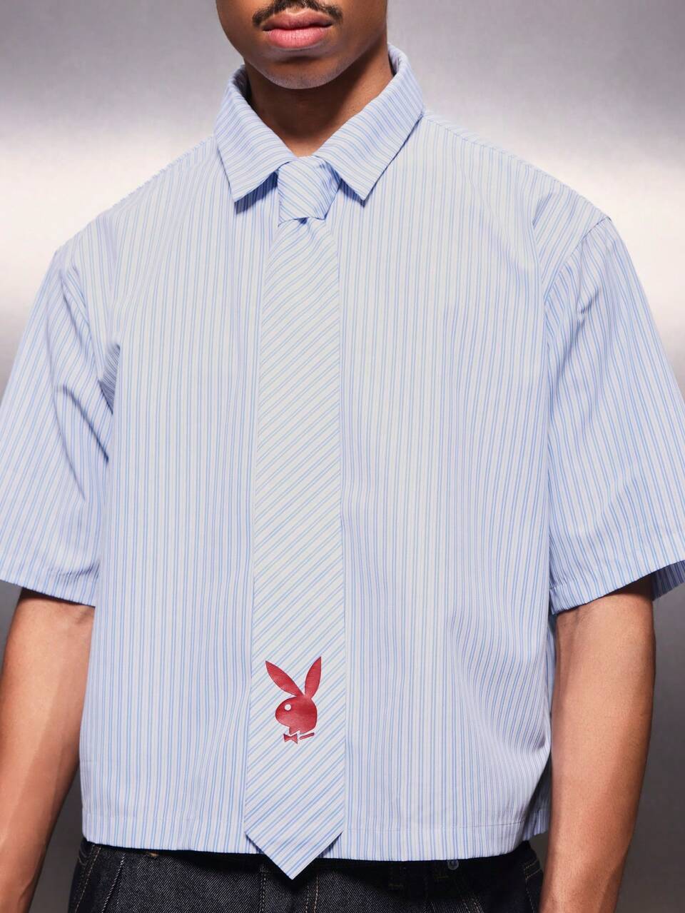 PLAYBOY X SUMWON Men's Cropped Button Down Shirt With Pinstripe Pattern And Bunny Embroidery Short Sleeve Collared Top