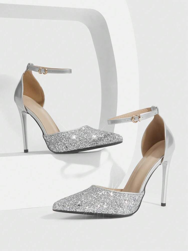 CUCCOO SZL Women Shoes Pointed Thin High Heel Silver Shiny Glitter Time Ankle Strap Women's Hollow Shoes Fashion Sexy Dinner Party Nightclub And Other Occasions Women's High Heel Shoes Women's Shoes Spring Shoes