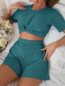 EURMUSE Women 2 Pcs Colourful Floral Pattern Set Cute Lounge Set - Multicolor - View 5