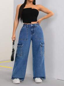 SHEIN ICON Plus Size Women Loose Elastic Waist Washed Denim Cargo Pants - Medium Wash - View 5