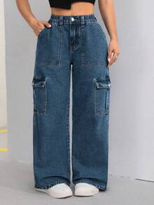 SHEIN EZwear 大码女式带口袋纽扣休闲宽松水洗牛仔阔腿裤 - 霧霾藍 - 查看 1
