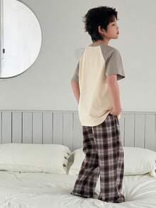 DAZY Tween Boy Letter & Cartoon Cat Print Raglan Sleeve Top And Plaid Pants Pajama Set - Apricot - View 5
