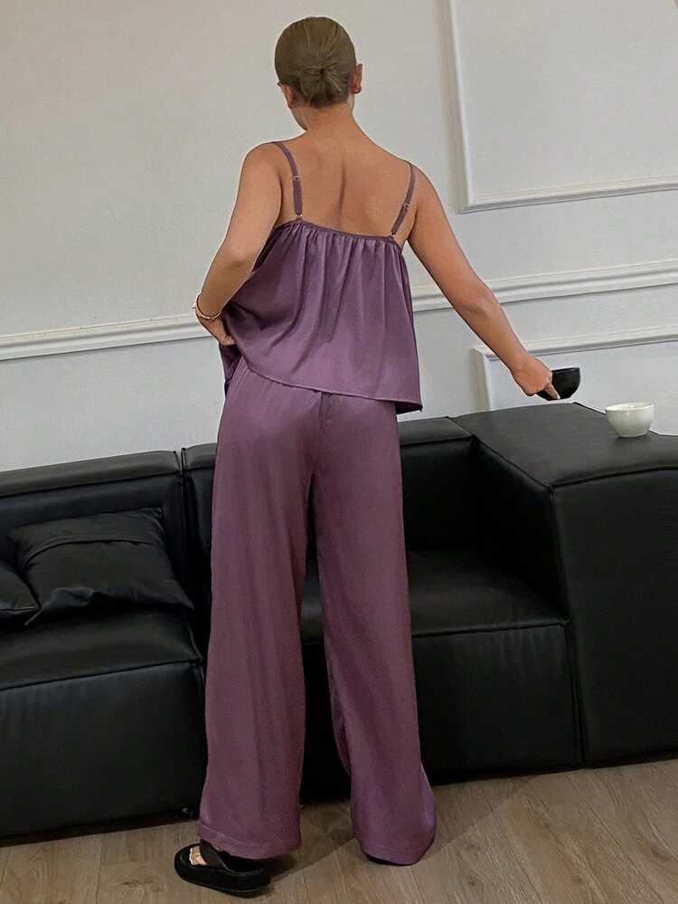 Women's Elegant Purple Satin Camisole And Pants Sleepwear Set