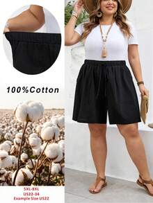 SHEIN CURVE+ Quần short nữ dáng suông US22, thích hợp cho lễ hội âm nhạc, kỳ nghỉ biển, phong cách bohemian, màu trơn, có dây rút ở eo và túi. - màu đen - Xem 9