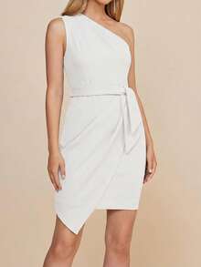 SHEIN Clasi 女士纯色打结腰身时尚约会派对迷你连衣裙 - 白色 - 查看 4