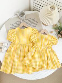 LMoss Kids 女婴格子圆领花瓣袖修身休闲连衣裙 - 黃色 - 查看 2