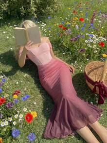 SHEIN MOD Đầm lưới trễ vai xếp ly ombre thanh lịch dành cho nữ - Nhiều màu - Xem 3