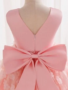 SHEIN Glamorique Kids Girls' White Bow Waist Embroidered V-Back Elegant Party Dress, Suitable For All Seasons - Pink - View 3