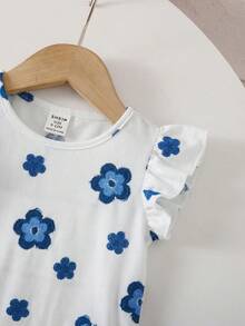 SHEIN Baby Girls' Round Neck Ruffle Trim Floral Print Casual Top, Summer - Multicolor - View 4