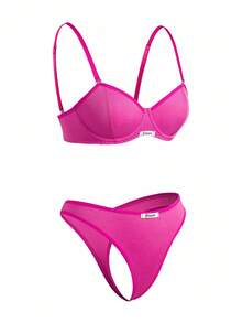 Lowkey Lull 2pcs Set Women's Underwear With Steel Rings, 1/2 Cup, Gather, Simple & Comfortable, High Elasticity, High Support - Hot Pink - View 11