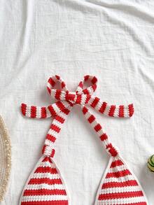 Soleia 女士度假白色针织仙女褶皱纹理深V领系带连体裤，修身剪裁，适合派对、圣诞节、约会、夜店、波西米亚风、度假、秋季等场合 - 紅白色 - 查看 3