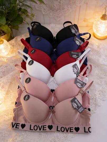 AMORARMA Sujetadores de mujer, copa B, paquete de 6, 6 colores, sujetador push-up, copa 3/4 cómoda, cierre de tres ganchos, tirantes ajustables, decoración de lazo, decoración de letra LOVE, sujetador cómodo con letras de color sólido.