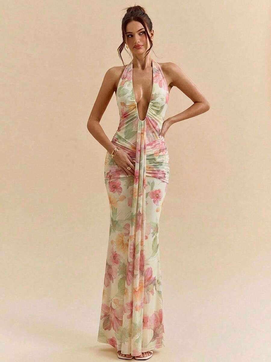 SHEIN BAE 紫色紫藤印花露背蝴蝶结装饰A字优雅迷你派对连衣裙，适合浪漫约会、聚会、正式活动、伴娘礼服、生日礼服，春夏皆宜。 - 淡黃色 - 查看 1
