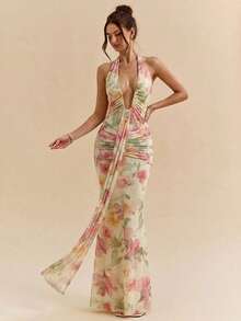 2026 Nuevo Vestido maxi elegante con cuello halter y escote profundo en V, de color amarillo crema, para mujer, para primavera/verano - Amarillo claro 2 - Ver 6