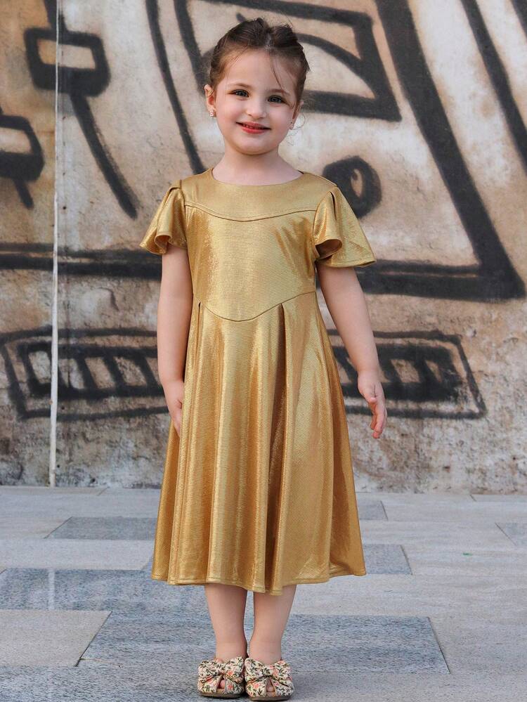 Young Girls Round Neck Puff Sleeve Fashionable Casual Dress