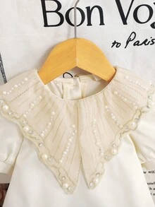 SHEIN 女婴圆领仿珍珠装饰休闲派对节日泡泡袖连衣裙 - 白色 - 查看 4