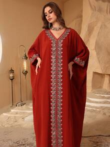 Layrah Elegant Long Sleeve Kaftan Dress With Print V Neck For Stylish Women - Orange - View 7