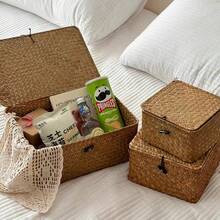 Joivida 1Pc/2Pcs Japanese Handwoven Seagrass Storage Basket With Lid, Home Desktop Cosmetic Sundry Organizer - Multicolor - View 9