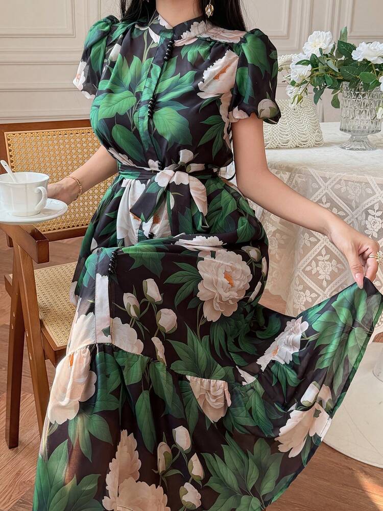 Elegant Slimming Printed Dress With Stand Collar And Puff Sleeves, Summer Sundress Boho