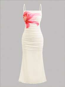 SHEIN 少女针织网眼印花褶皱紧身吊带裙 - 白色 - 查看 7