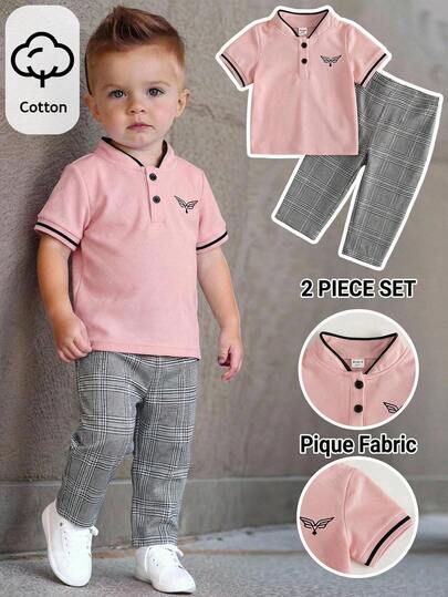 Bubblio 2pcs Baby Boy Cute Urban School Casual Short Sleeve Polo Shirt & Elastic Waist Plaid Pants Set, Suitable For Birthday Party, Evening Party, Performance, Wedding, Baby Shower, 1st Birthday Celebration