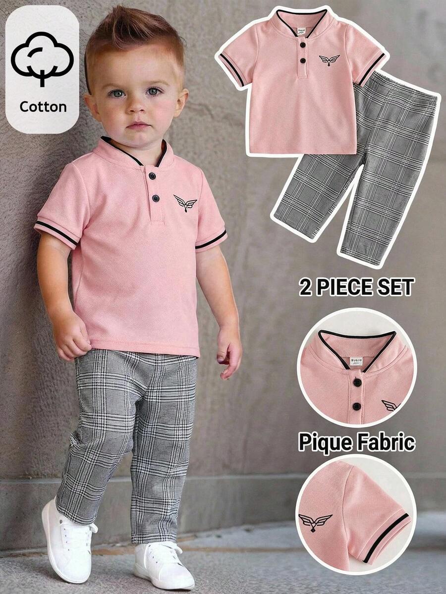 Bubblio Bộ đồ 2 món dễ thương cho bé trai, gồm áo polo tay ngắn và quần kẻ caro lưng thun, thích hợp cho tiệc sinh nhật, tiệc tối, biểu diễn, đám cưới, tiệc mừng em bé chào đời, lễ kỷ niệm sinh nhật lần thứ nhất. - Nhiều màu - Xem 1