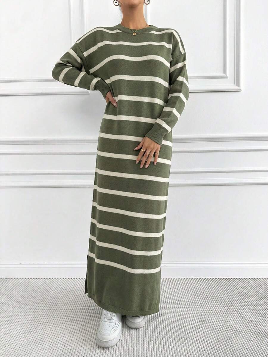 EURMUSE Striped Contrast Color Loose Knit Sweater Dress - Olive Green - View 1