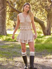 WESTFADE Pola Dot V Neck Bow Tie Front Shirred Tiered Ruffle Tank Top Winter, Casual, Cute, Spring, Resort, Nashville, Cowgirl, Boho, Western Wear For Women - Apricot - View 3
